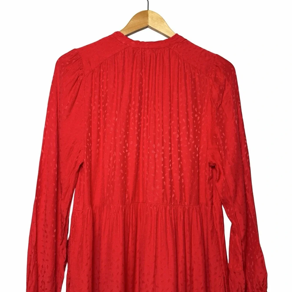 Anthropologie Maeve Wendy Tiered Maxi Dress Red Jacquard Tie Neck‎ Large Cottage